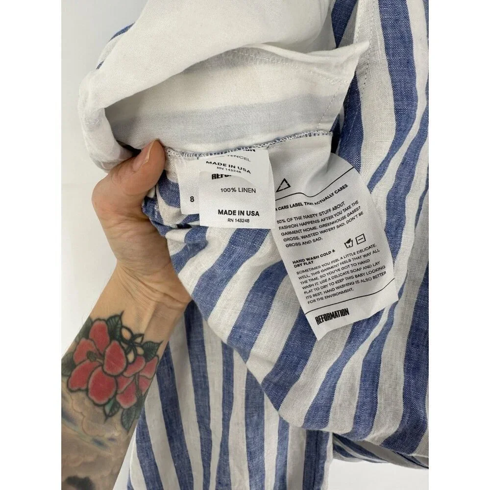 Reformation Farmer Alls Jumpsuit Blue Conductor Stripe Womens 8 EUC